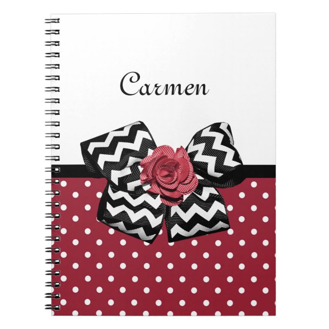 Red and White Polka Dots Cute Rose Chevron Bow Spiral Notebook (Front)