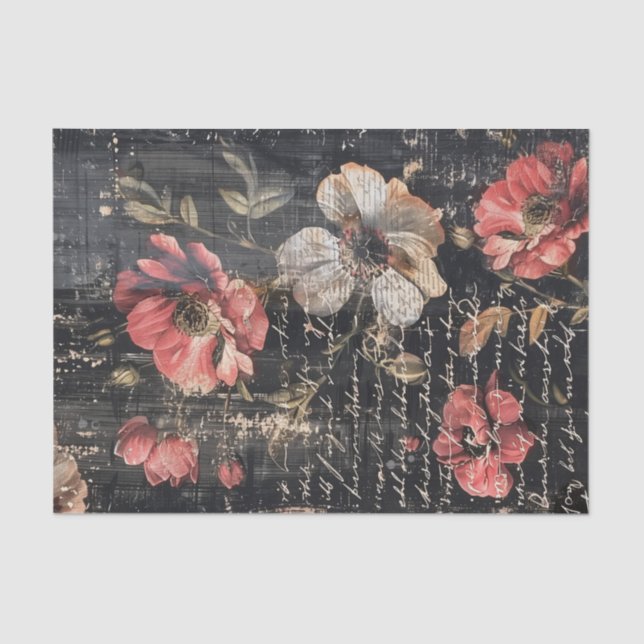 Red and White Poppies and Text on Black BG Tissue Paper (Front)