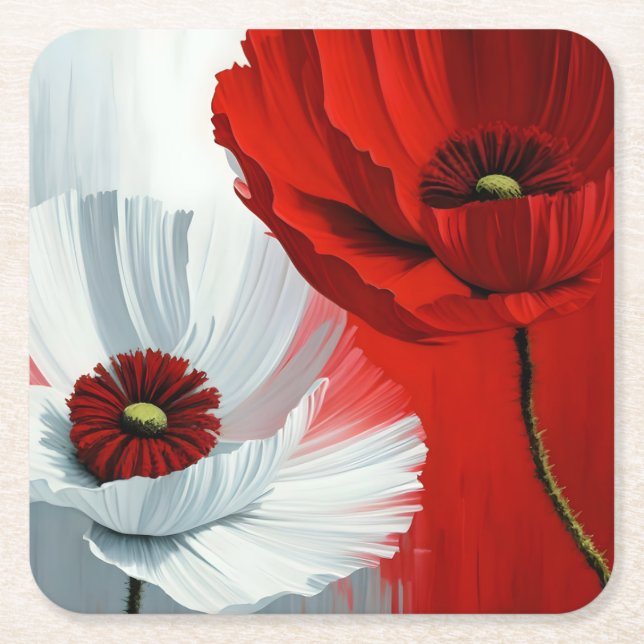 Red and White Poppies Square Paper Coaster (Front)