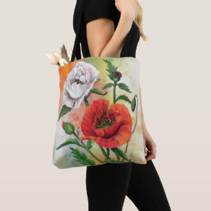 Red and White Poppies Tote Bag Flowers