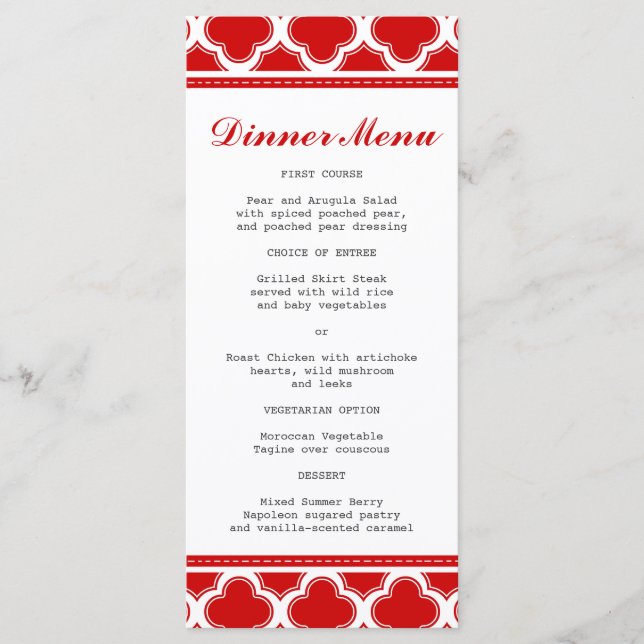 Red and White Quatrefoil Slim Dinner Menu (Front)