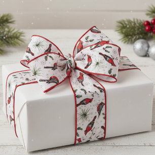 Red and White Red Cardinal Birds and Holly Pattern Grosgrain Ribbon