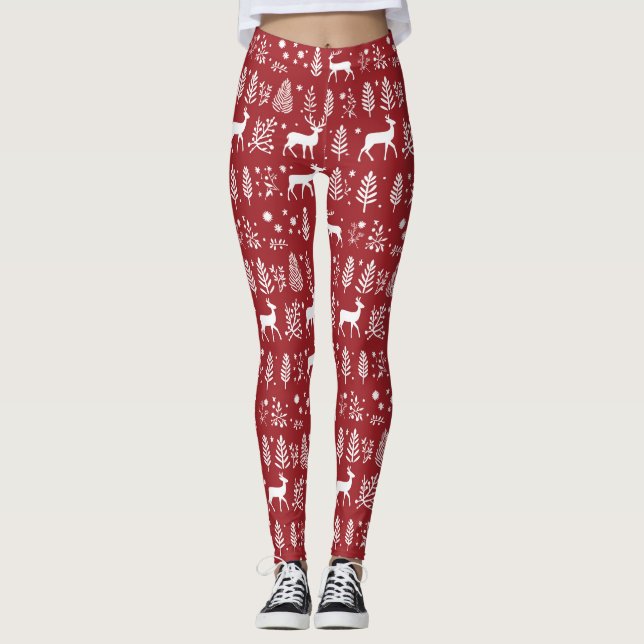 Red and White Reindeer Christmas Leggings (Front)