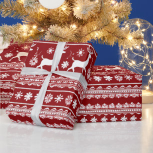 Red and White Reindeer Floral Modern Christmas Wrapping Paper
