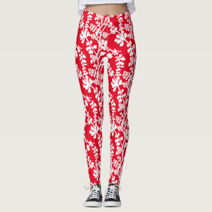 Red And White Repeating Plant Pattern Leggings