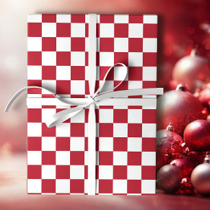 Red and White Retro Check Holiday Wrapping Paper
