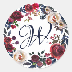 Red and White Rose Floral Wreath Monogrammed Classic Round Sticker