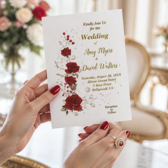 Red and White Roses elegant wedding invitation (AI Generated Hands Holding Card)
