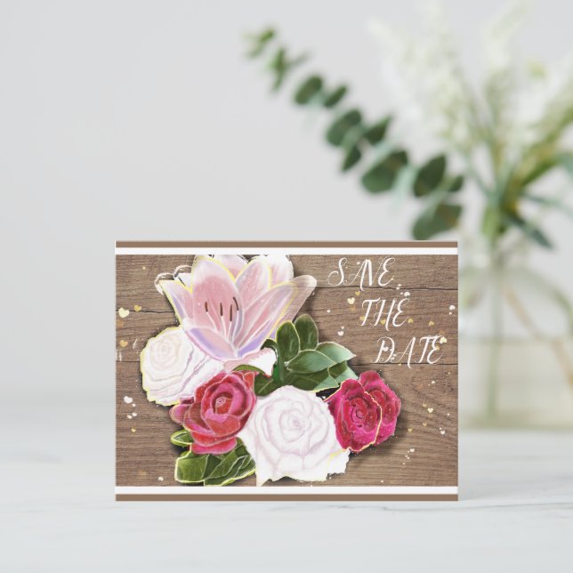 Red and White Roses Shabby-Chic Announcement Postcard (Standing Front)