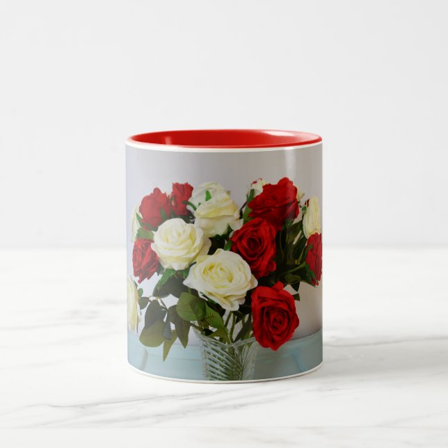 Red and white roses Two-Tone coffee mug (Center)