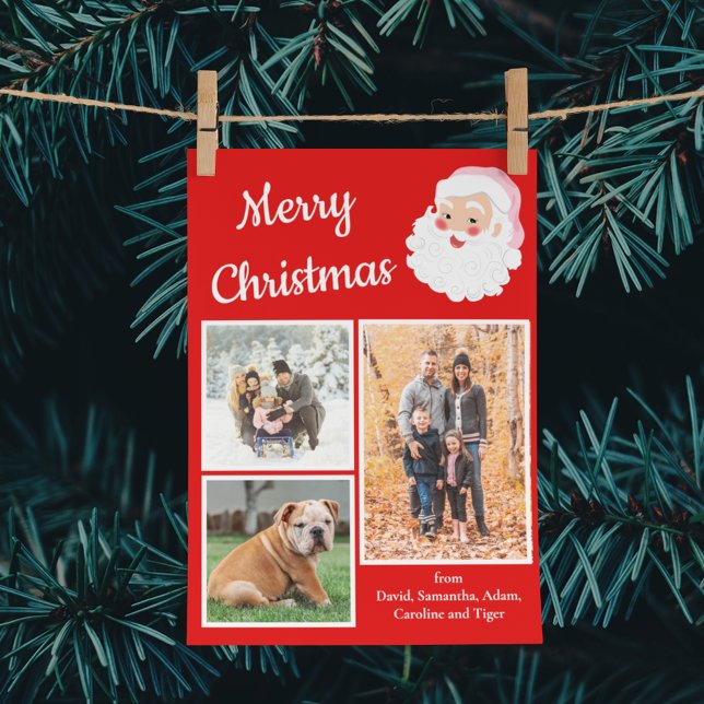 Red and White Santa Claus Photo Collage Christmas Holiday Card (Creator Uploaded)
