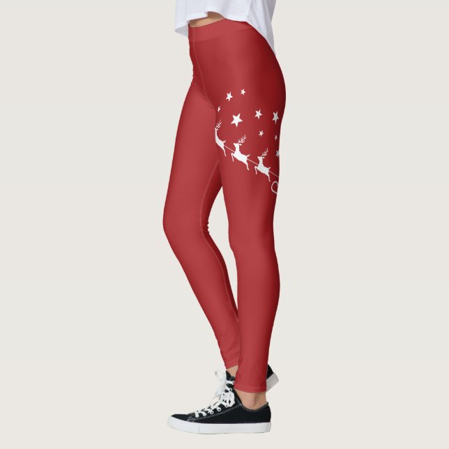 Red And White Santa Sleigh & Merry Christmas Text Leggings (Left)