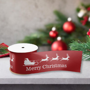 Red And White Santa Sleigh & Merry Christmas Text Satin Ribbon