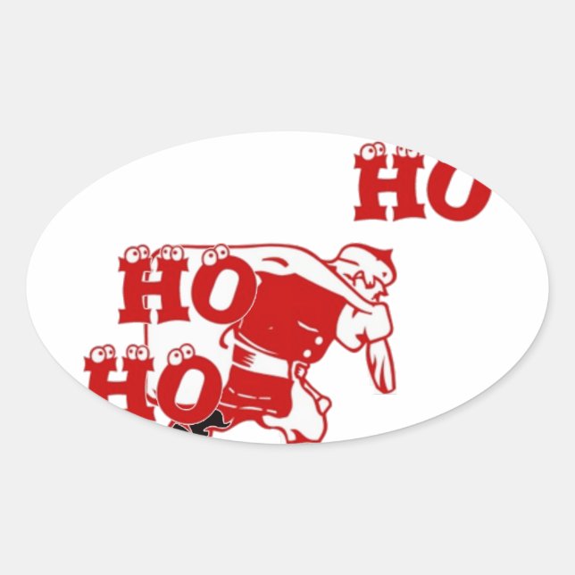 Red and White Santa Walking Ho Ho Ho Art Print Oval Sticker (Front)