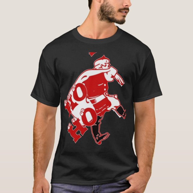 Red and White Santa Walking Ho Ho Ho Art Print T-Shirt (Front)