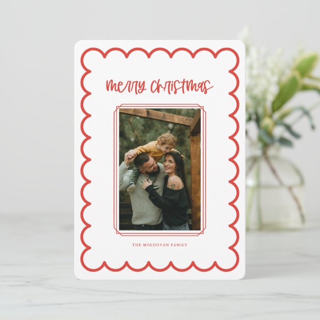 Red and White Scallop Frame Christmas Card (Standing Front)