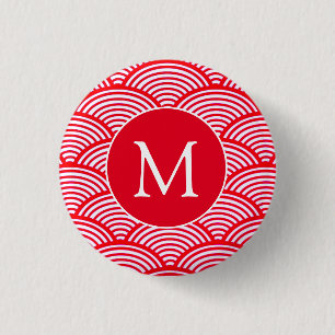Red and White Scallop Pattern Monogram 3 Cm Round Badge