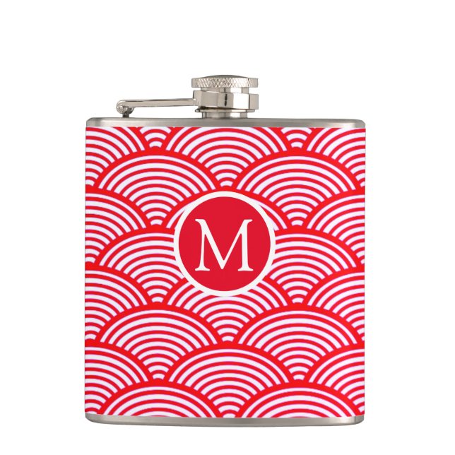 Red and White Scallop Pattern Monogram Hip Flask (Front)
