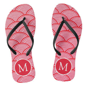 Red and White Scallop Pattern Monogram Jandals