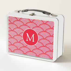 Red and White Scallop Pattern Monogram Metal Lunch Box