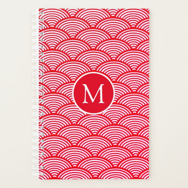 Red and White Scallop Pattern Monogram Planner (Front)