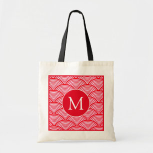Red and White Scallop Pattern Monogram Tote Bag