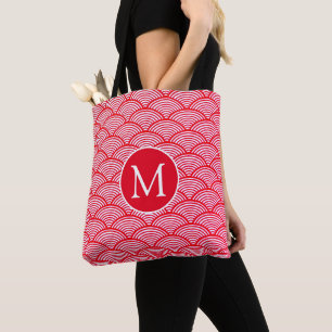 Red and White Scallop Pattern Monogram Tote Bag
