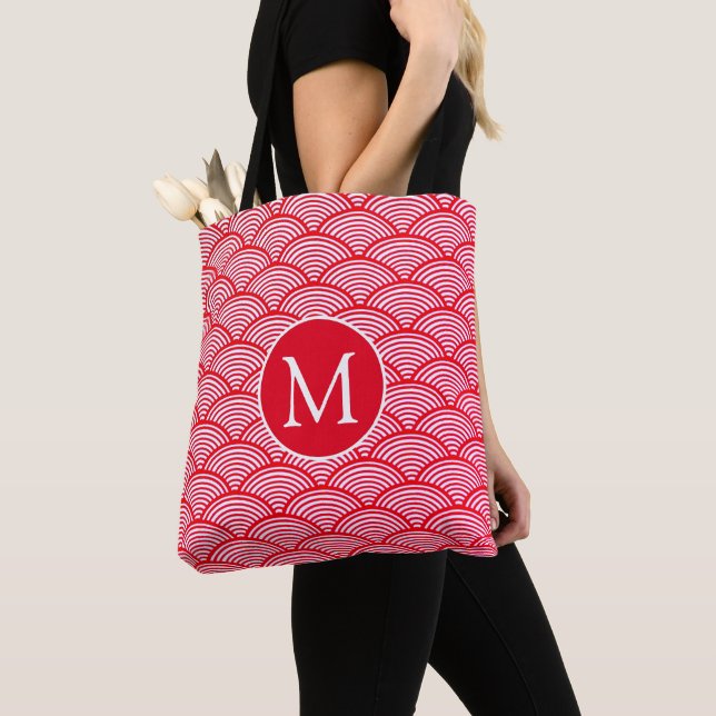 Red and White Scallop Pattern Monogram Tote Bag (Close Up)