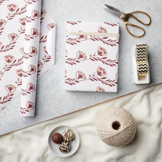 Red and White Scandinavian Floral  Wrapping Paper (Crafts)
