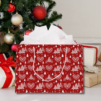 Red and White Scandinavian Heart & Christmas Tree Large Gift Bag