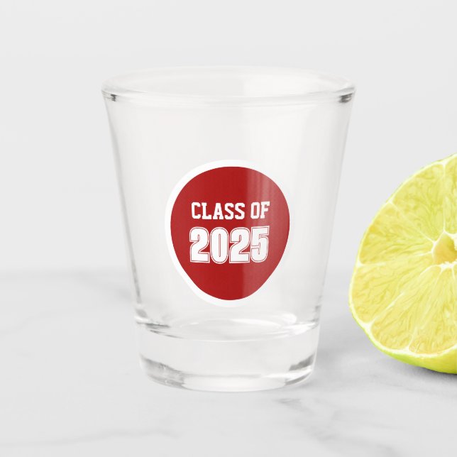 Red and White School Colors Class Year Shot Glass (Front)