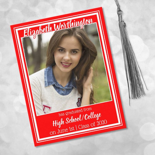 Red and White School Colours Photo Graduation Announcement Postcard (Creator Uploaded)