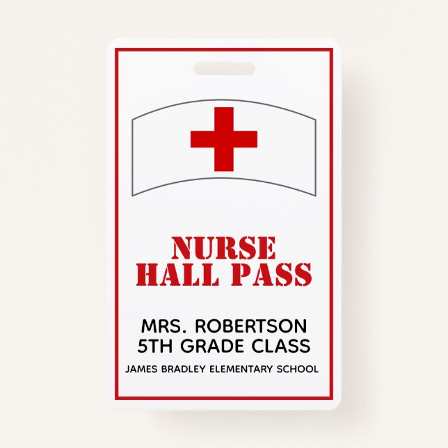 Red and White School Nurse Hall Pass Badge ID Badge (Front)