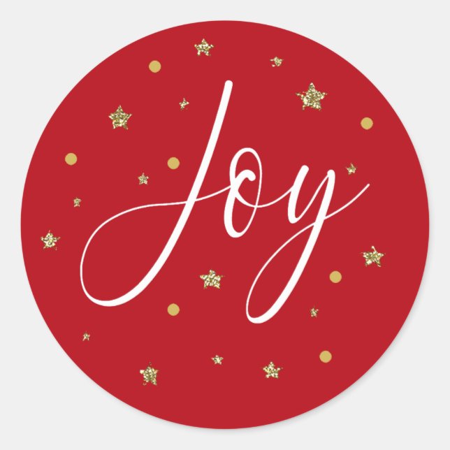 Red and White Script Joy Gold Glitter Shiny Stars Classic Round Sticker (Front)