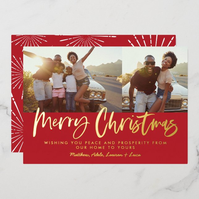 Red and white script merry Christmas multi photo (Front/Back)