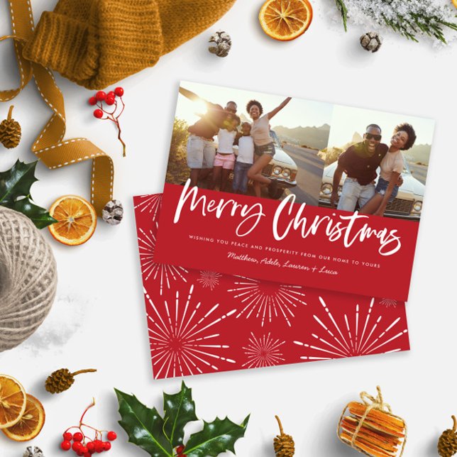 Red and white script merry Christmas multi photo H Holiday Card (Creator Uploaded)