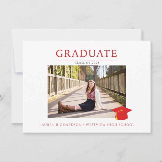 Red and White Simple Photo Graduation Party Invitation (Front)