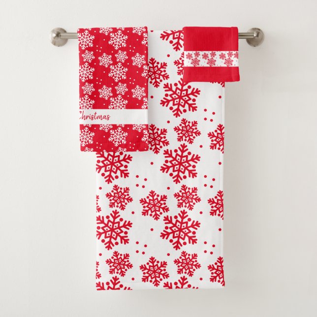 Red and White Snoflake Pattern Merry Christmas Bath Towel Set (Insitu)