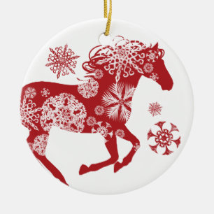 Red and White Snowflake Christmas Horse Ceramic Tree Decoration
