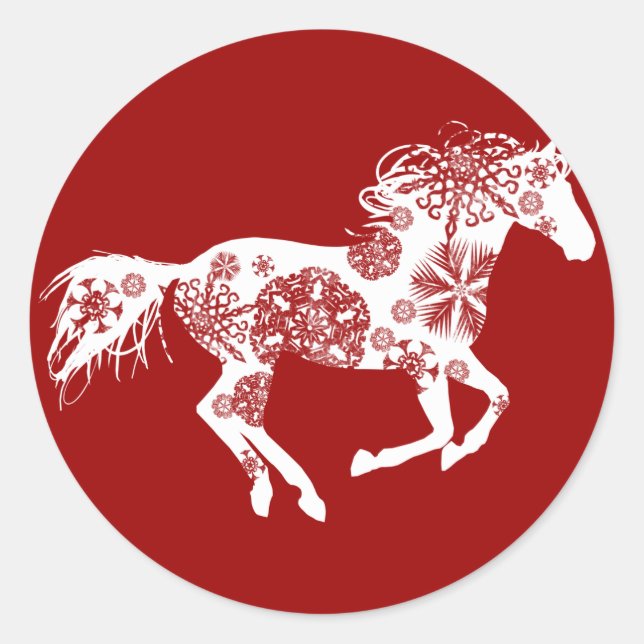 Red and White Snowflake Christmas Horse Classic Round Sticker (Front)
