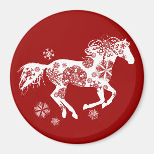 Red and White Snowflake Christmas Horse Magnet