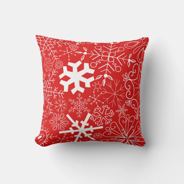 Red and White Snowflake Pattern Christmas Cushion (Front)
