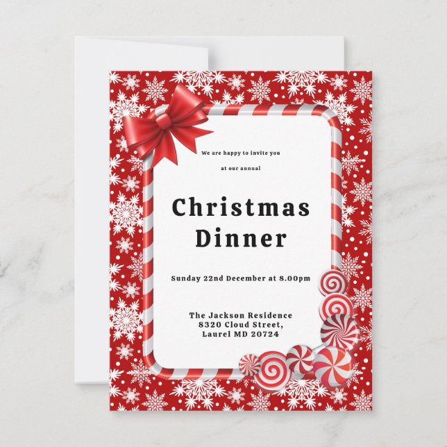 Red and White Snowflake Pattern Christmas Dinner Invitation (Front)