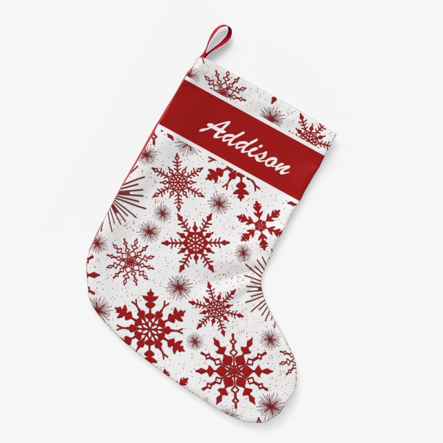 Red And White Snowflake Pattern Small Christmas Stocking (Front (Hanging))