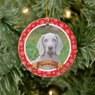 Red and White Snowflake Pet Photo Ceramic Ornament