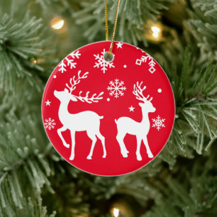 Red and White snowflake reindeer Merry Christmas   Ceramic Tree Decoration