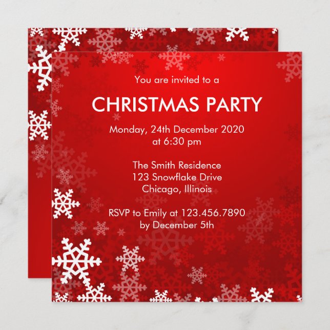 Red and White Snowflakes Christmas/Holiday Party Invitation (Front/Back)
