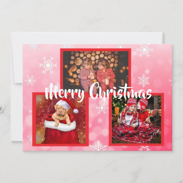 Red and White  Snowflakes Family Photos Christmas Invitation (Front)