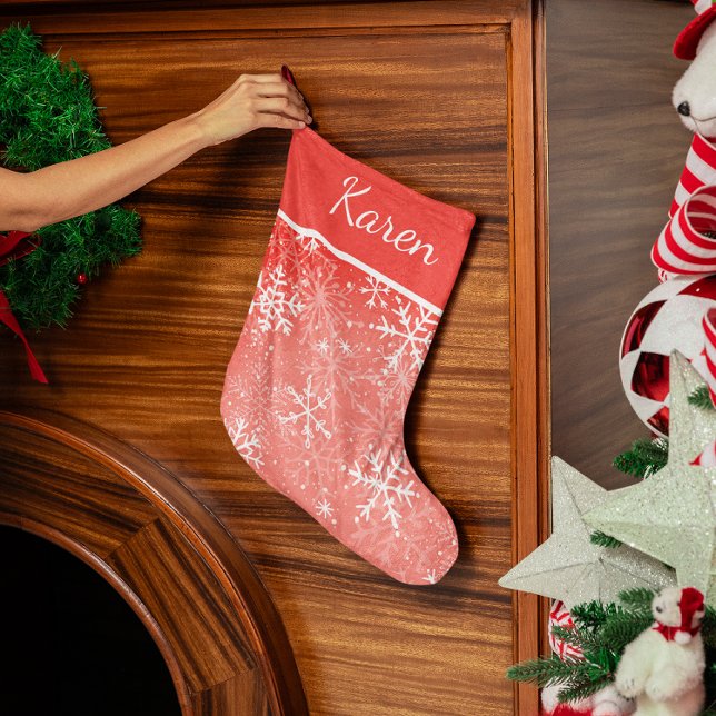 Red and white snowflakes name Christmas Large Christmas Stocking (Red and white snowflakes name Christmas Large Christmas Stocking)