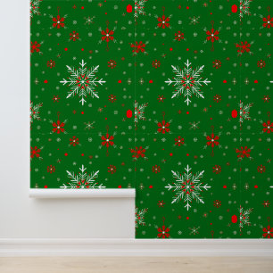 Red and White Snowflakes on Green Wallpaper